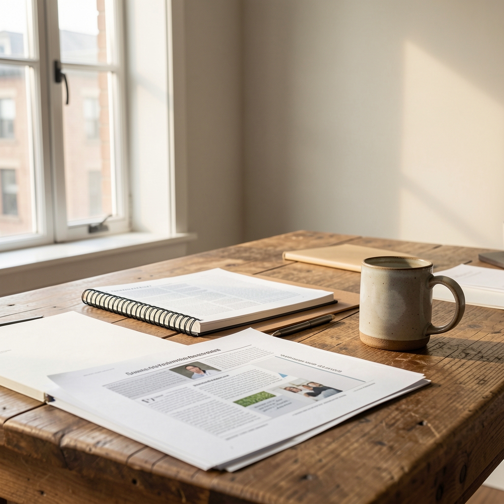 A quiet editorial workspace with neatly stacked research papers, a desktop lamp casting warm light, and a writing notepad