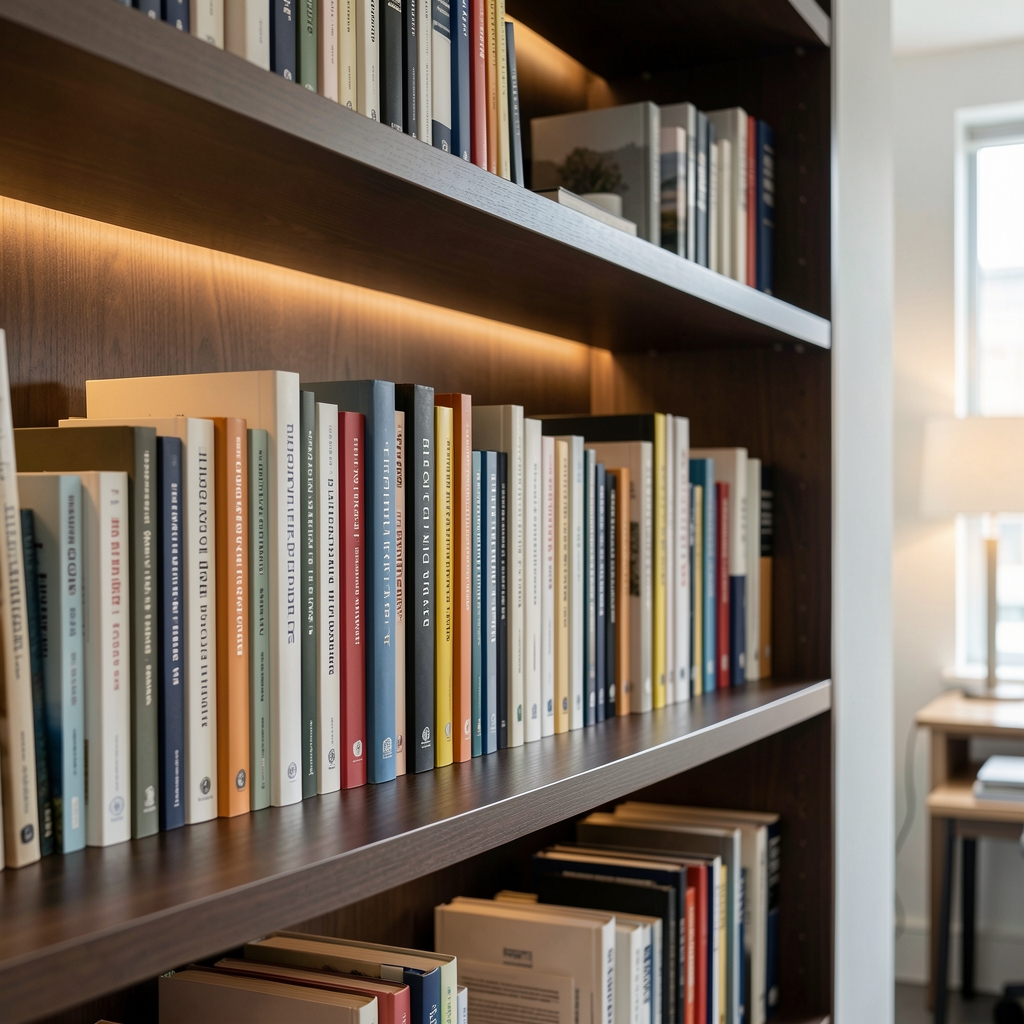 Row of books and research journals on a dark wooden shelf in a minimalist editorial office with warm ambient lighting