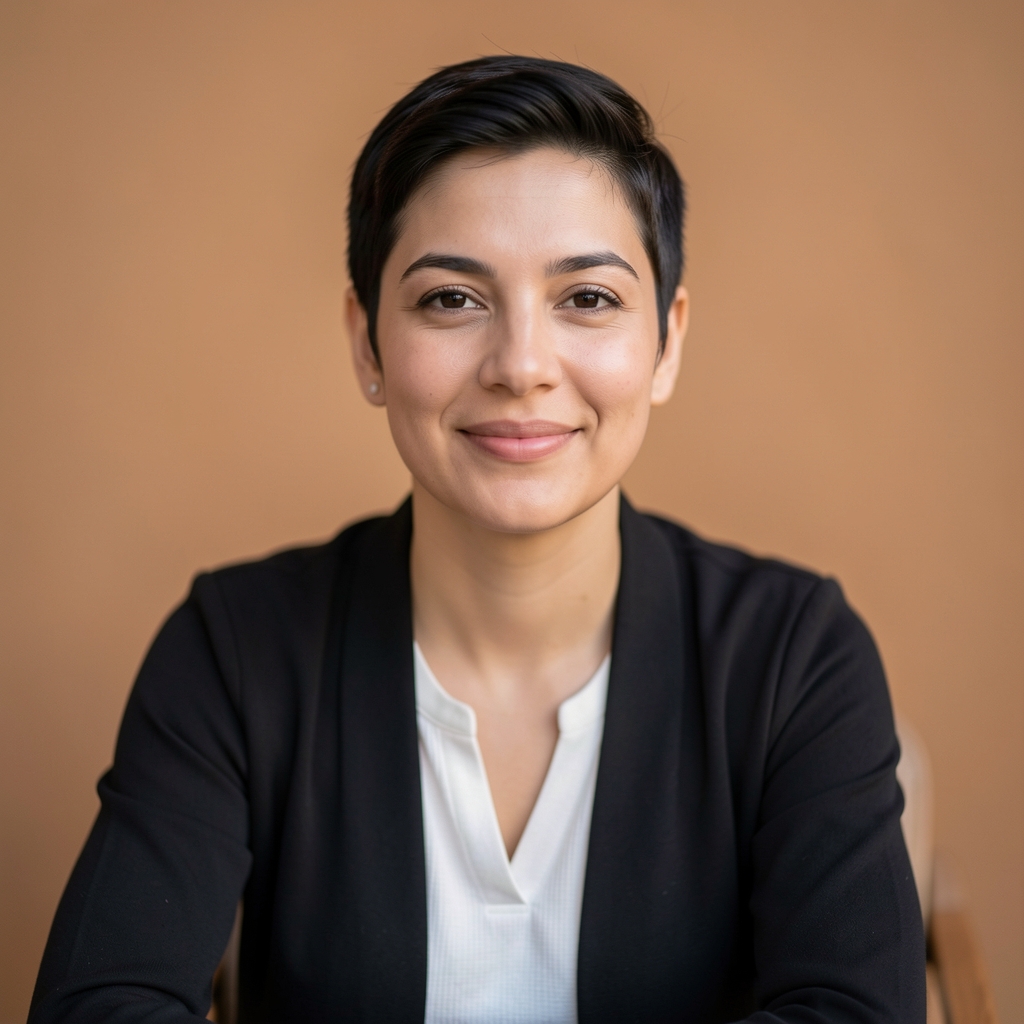 Portrait of a woman with short hair in a relaxed interview-style seated pose against a plain warm-toned wall with soft lighting