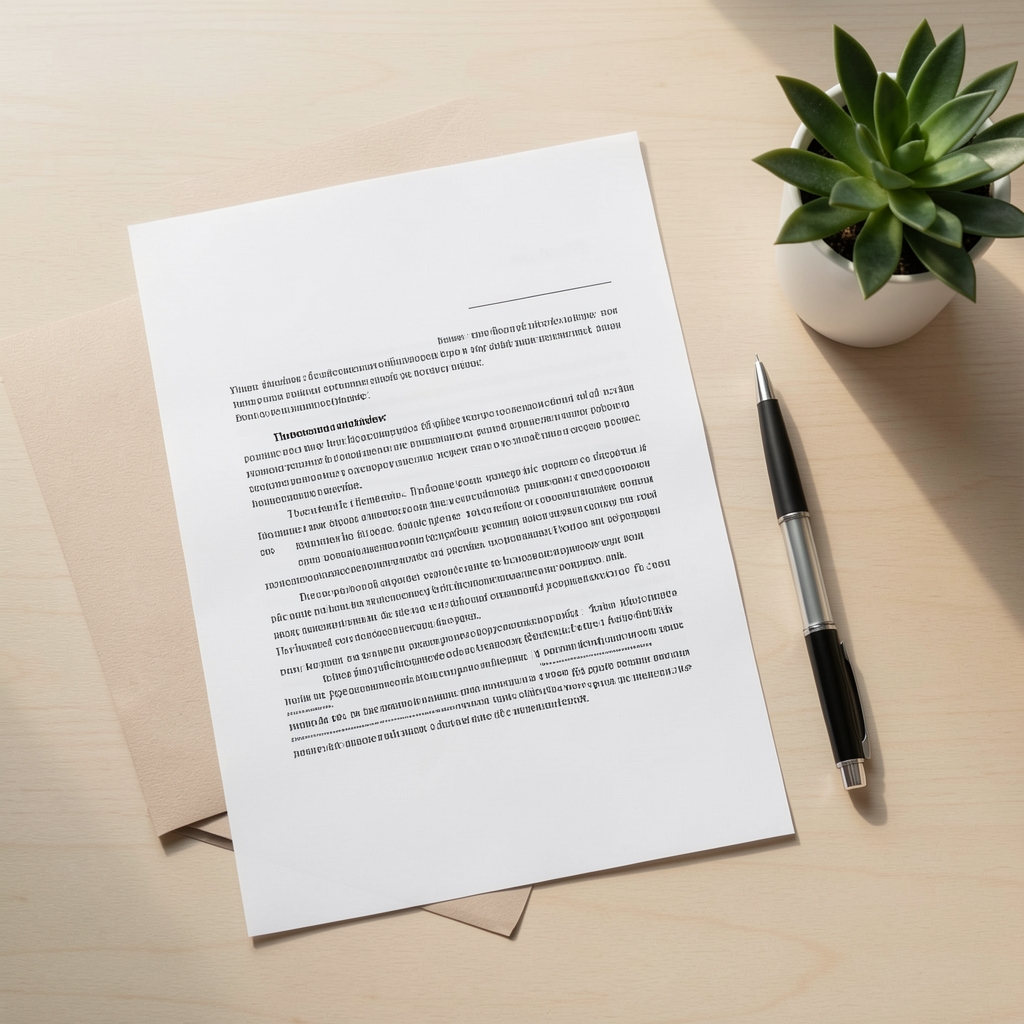 Overhead view of a printed editorial review document next to a pen and small plant on a light-toned desk surface in natural daylight