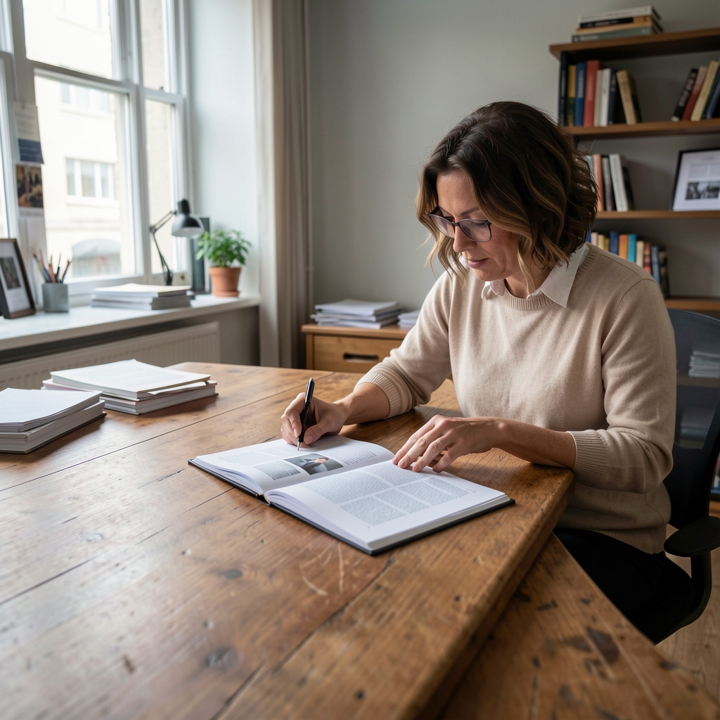 Editor reviewing printed article pages at a wide wooden desk under controlled studio lighting in a quiet editorial office