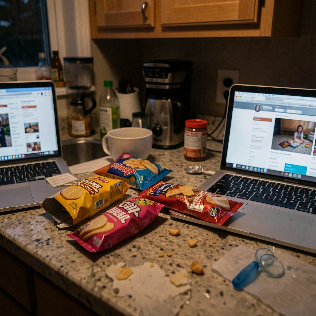An untidy kitchen counter at night with open snack packaging and ambient light from a laptop screen nearby