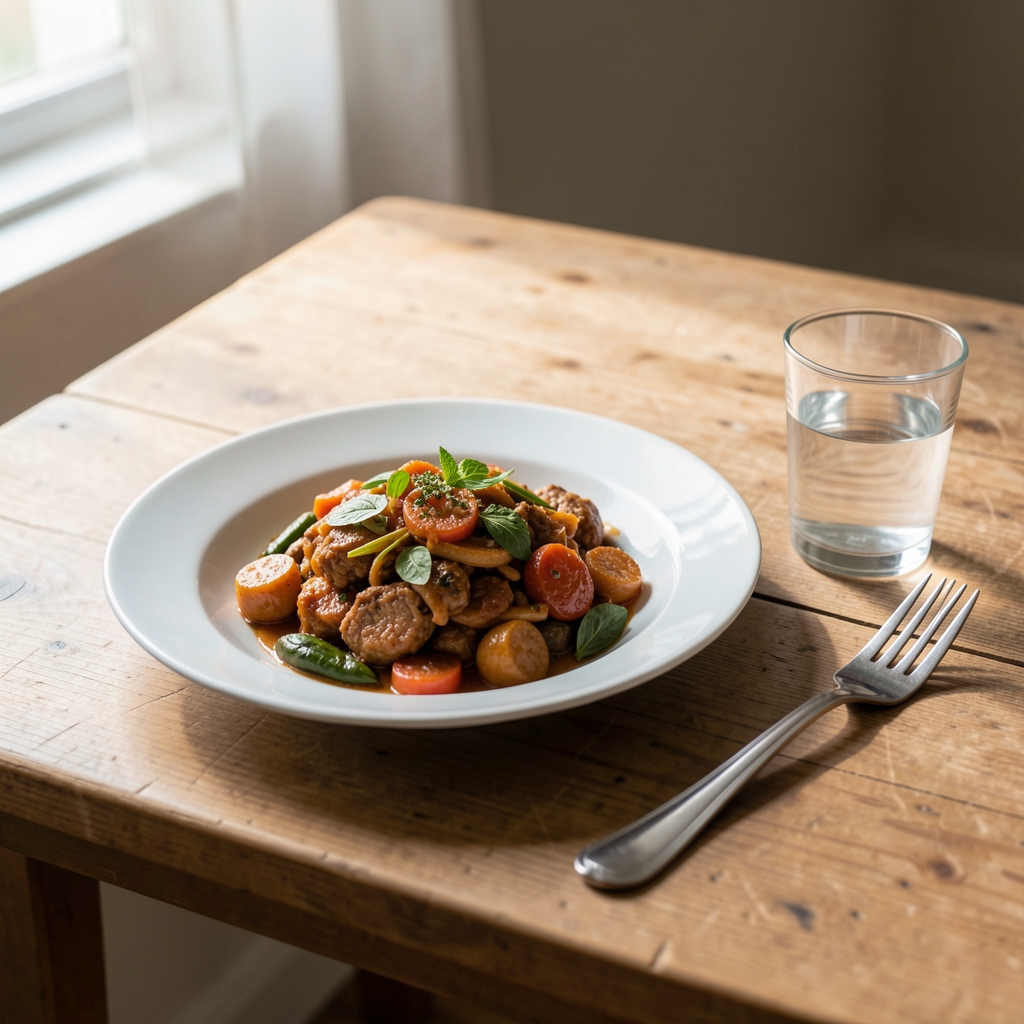 A meal set out on a simple wooden table with natural light, a glass of water and fork placed to one side, unhurried arrangement
