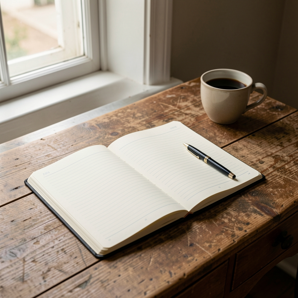 Open notebook resting on a worn wooden desk near a window with soft morning light, a coffee cup and pen alongside